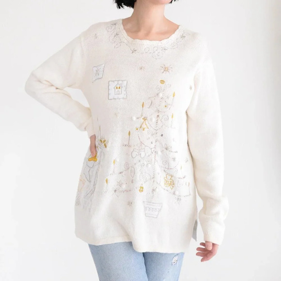 Vintage Holiday Editions Cream with Holiday  Design Crewneck Sweater - Picture 1 of 14